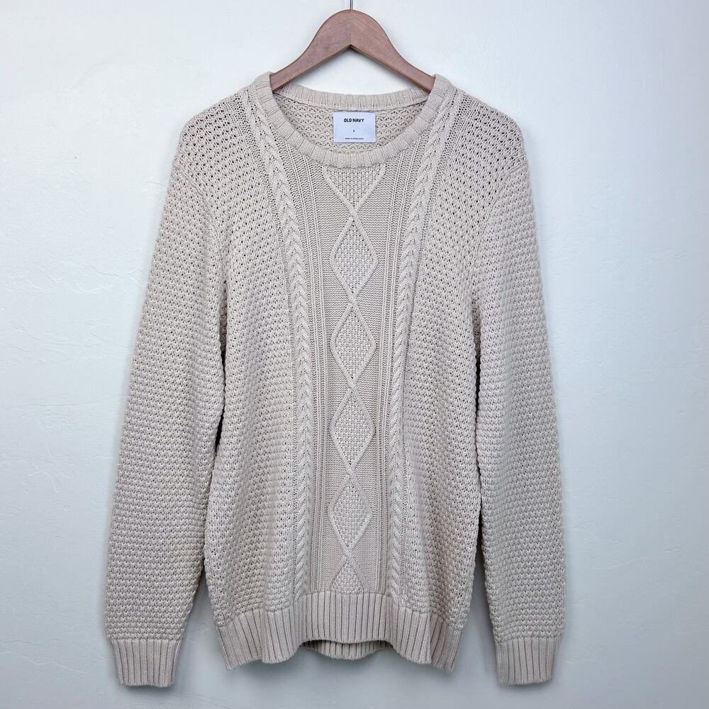 Old Navy Men's 100% Cotton Cable Knit Fishermen Cream Crewneck Sweater LARGE - Picture 2 of 8
